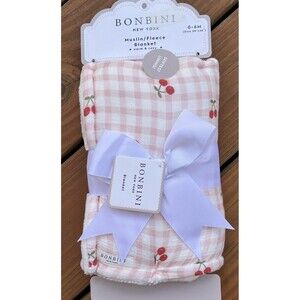 Bonbini Baby Blanket Muslin Cotton Soft Fleece Lining Cherry Cherries Stripe New